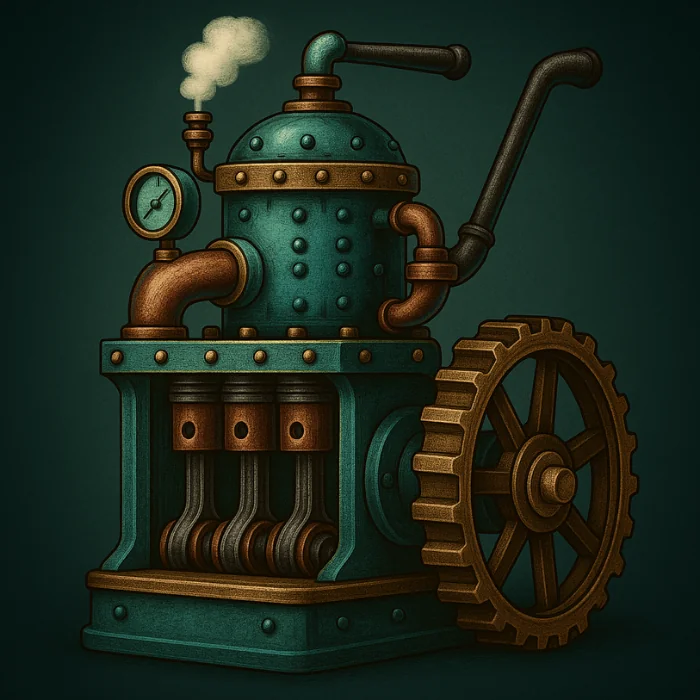 a steampunk engine with gears and pipes