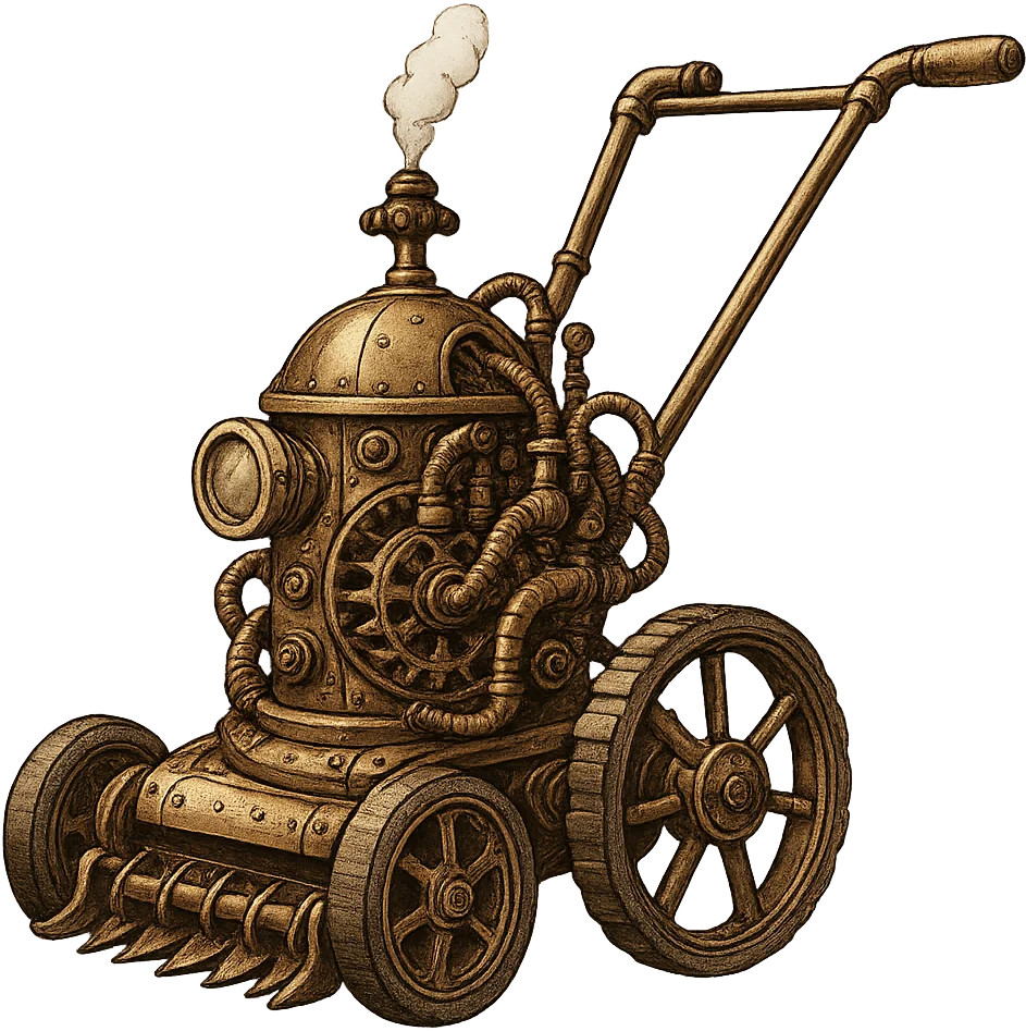 a steampunk lawn mower with gears and pipes